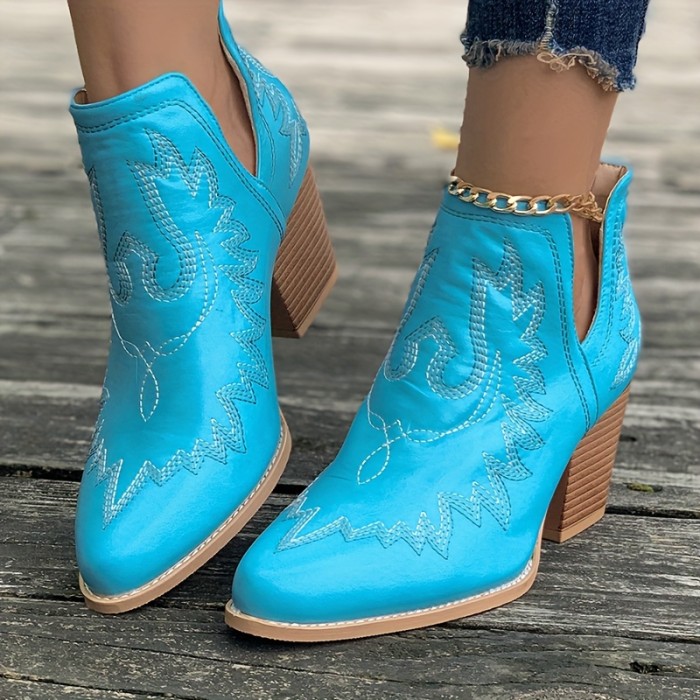 Women's Chunky Heeled Western Boots, Retro Embroidery V-cut Stacked Heeled Ankle Boots, Slip On Pointed Toe Short Boots
