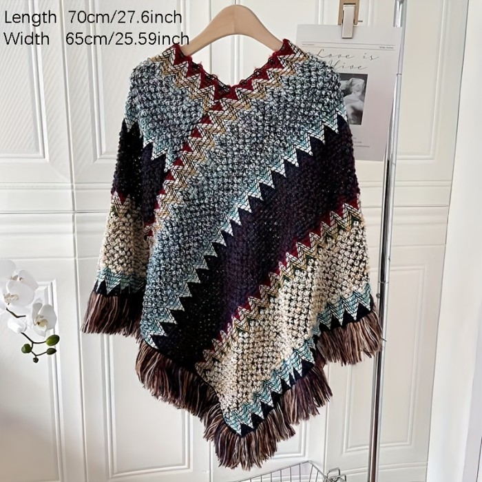 Long Colorful Pullover Shawl National Style Striped Fringed Shawl Wraps Sunscreen Warm Cape Women Casual Outdoor Shawl