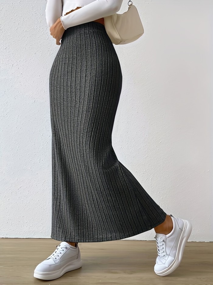 Ribbed Slit Hem Skirt, Casual Ankle Length Skirt For Spring & Summer, Women's Clothing
