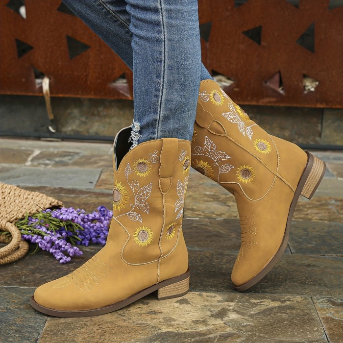 Women's Mid Calf Cowboy Boots, Sunflower Embroidery V-cut Pull On Western Boots, Retro Chunky Low Heeled Boots