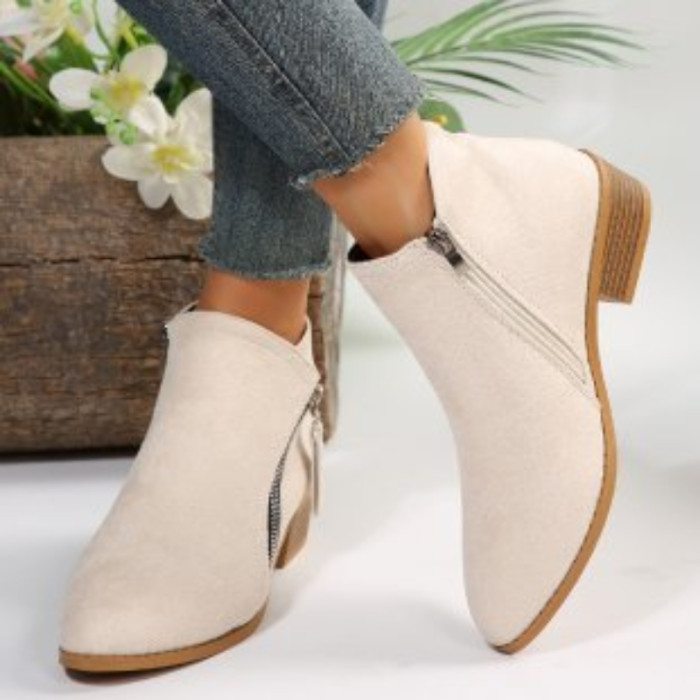Women's Ankle Boots Vintage Zip Heeled Short Boots Fashion Chunky Heel Casual Single Shoes