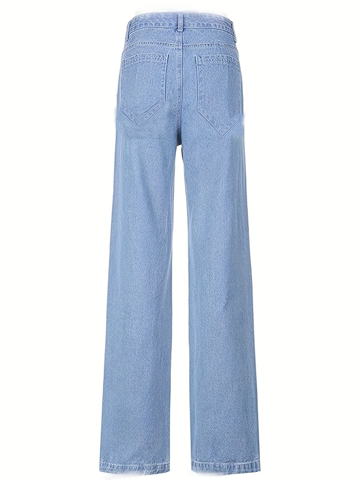 Mid Rise Flap Pocket Cargo Jeans, Washed Blue Loose Solid Color Wide Leg Denim Pants, Women's Denim Jeans & Clothing