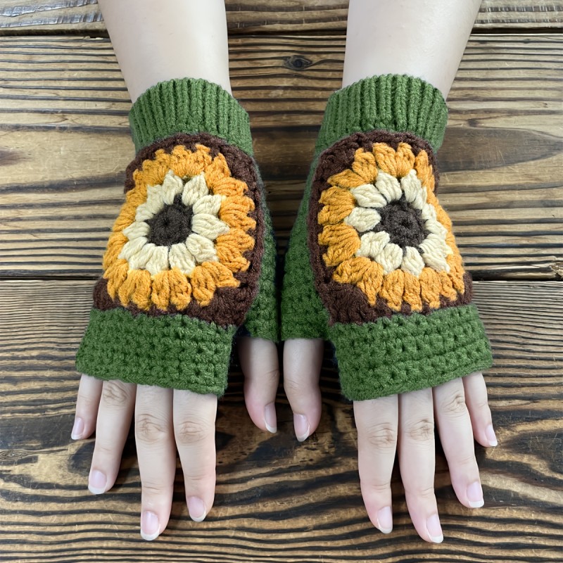 Pure Handmade Crochet Sunflower Gloves Vintage Women's Half Finger Knit Gloves Elegant Winter Coldproof Warm Female Gloves