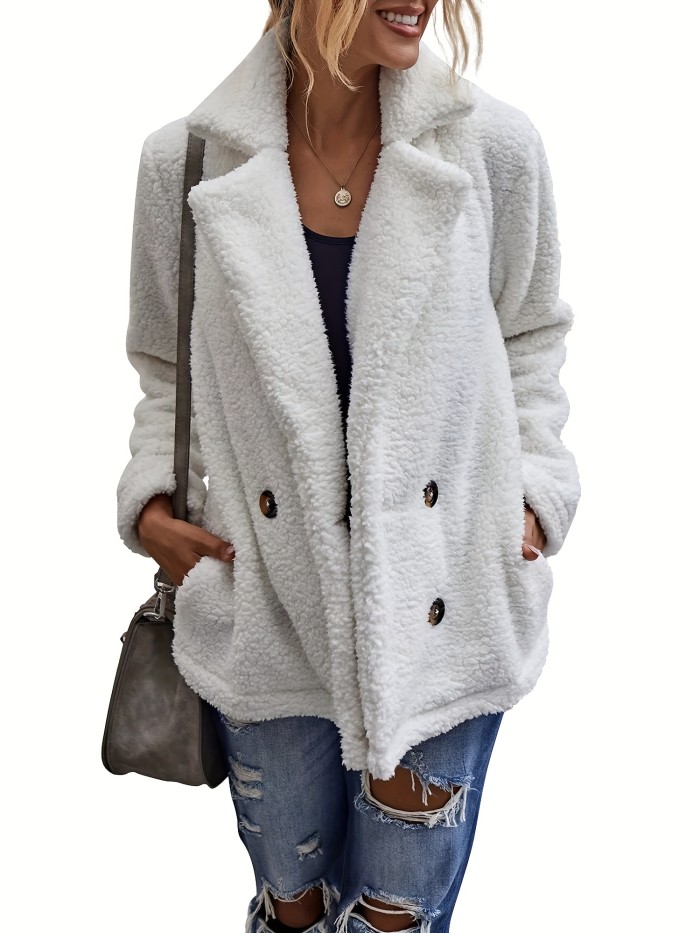 Plus Size Casual Coat, Women's Plus Solid Teddy Fleece Double Breast Button Long Sleeve Lapel Collar Coat With Pockets