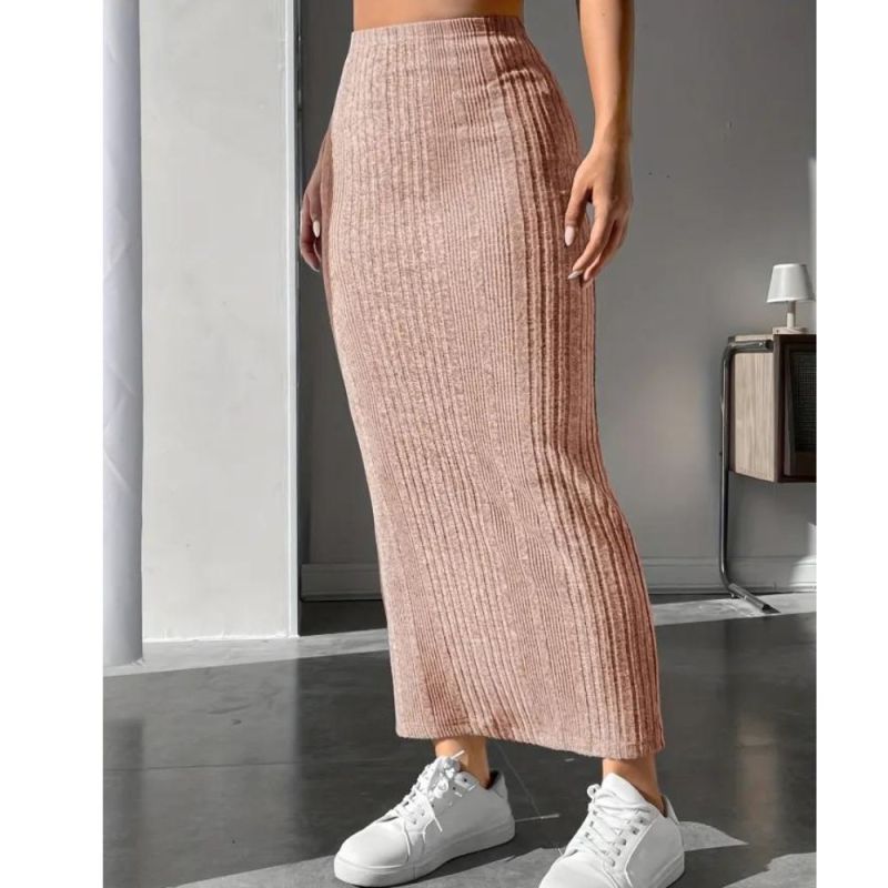 Solid Ribbed High Waist Skirt, Casual Ankle Length Skirt For Spring & Fall, Women's Clothing