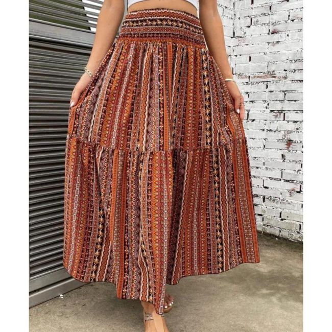 Tribal Floral Print High Waist Skirt, Casual A Line Maxi Skirt, Women's Clothing