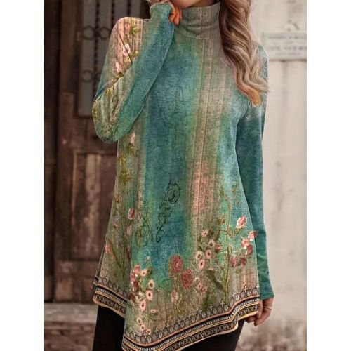 Plus Size Casual T-shirt, Women's Plus Floral Print Long Sleeve High Neck Slight Stretch Top