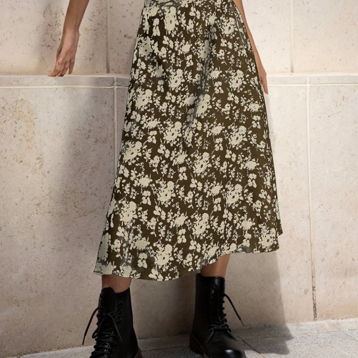 Ditsy Floral Print High Waist Skirt, Y2K Midi Skirt For Summer, Women's Clothing