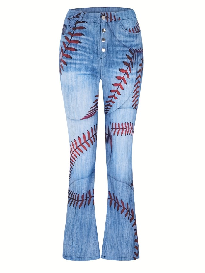 Leaf Print Single-breasted Flare Leg Jeans, Blue Casual Button Fly Slash Pocket Boot Cut Denim Pants, Women's Denim Jeans & Clothing