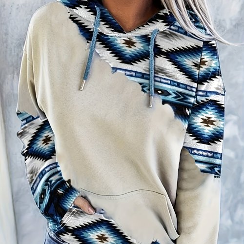 Aztec Print Kangaroo Pocket Hoodie, Casual Long Sleeve Drawstring Hoodies Sweatshirt, Women's Clothing
