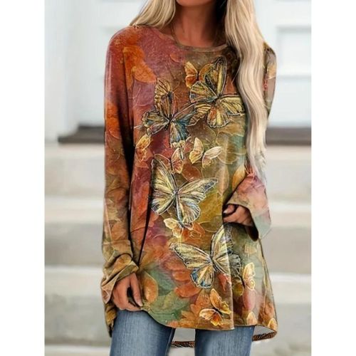 Plus Size Casual T-shirt, Women's Plus Allover Butterfly & Leaves Print Long Sleeve Round Neck Medium Stretch Tunic T-shirt