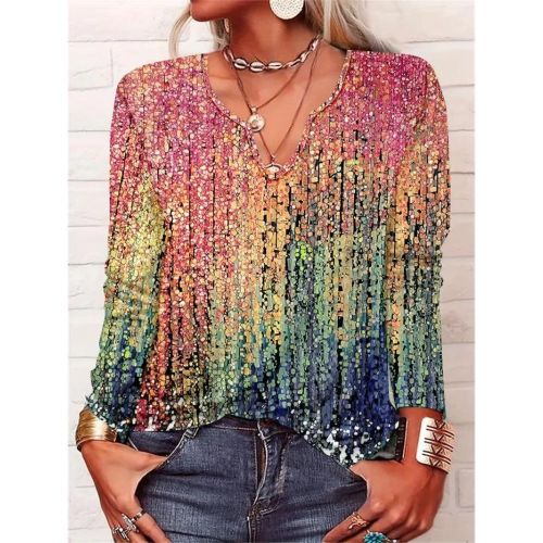 Allover Print Notch Neck T-Shirt, Casual Long Sleeve T-Shirt For Spring & Fall, Women's Clothing