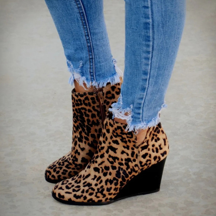 Pointed Toe Booties Winter Women Leopard Ankle Boots Lace UpHigh Heels Wedges Shoes