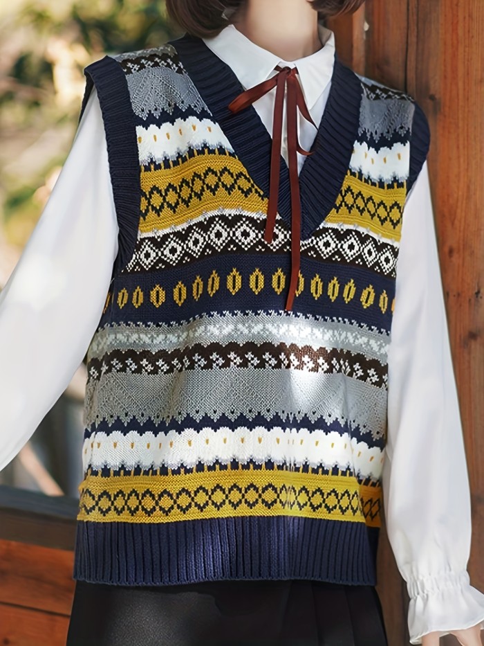 Geo Pattern V-neck Sweater Vest,  Vintage Sweater Vest For Fall & Winter, Women's Clothing