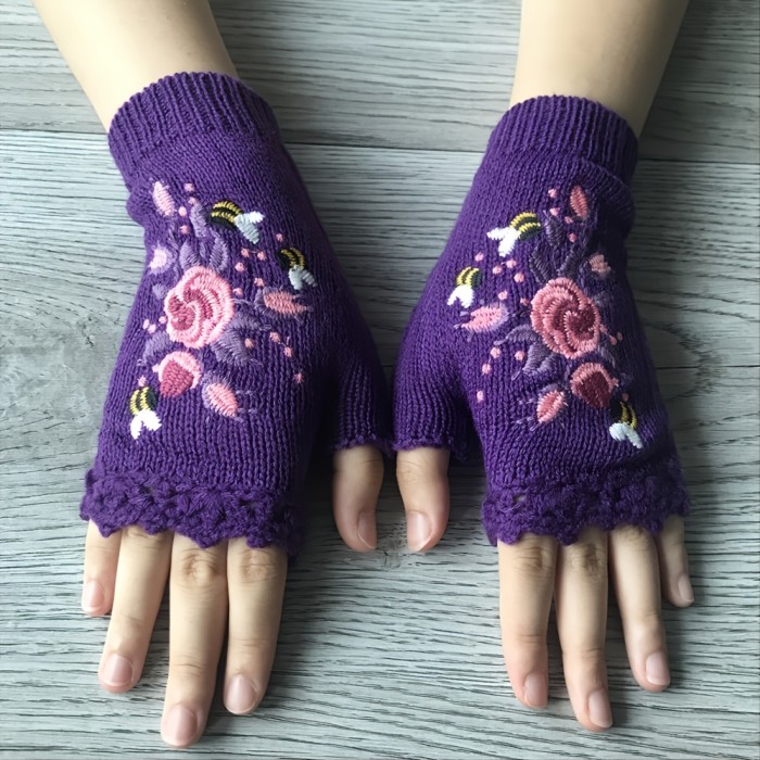 Handmade Embroidery Gloves Women's Knit Gloves Flower Gloves Hand Knit Fingerless Adult Gloves