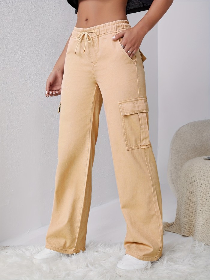 Khaki Loose Fit Straight Jeans, Drawstring Elastic Waist Flap Pockets Cargo Denim Pants, Y2K & Kpop Style, Women's Denim Jeans & Clothing