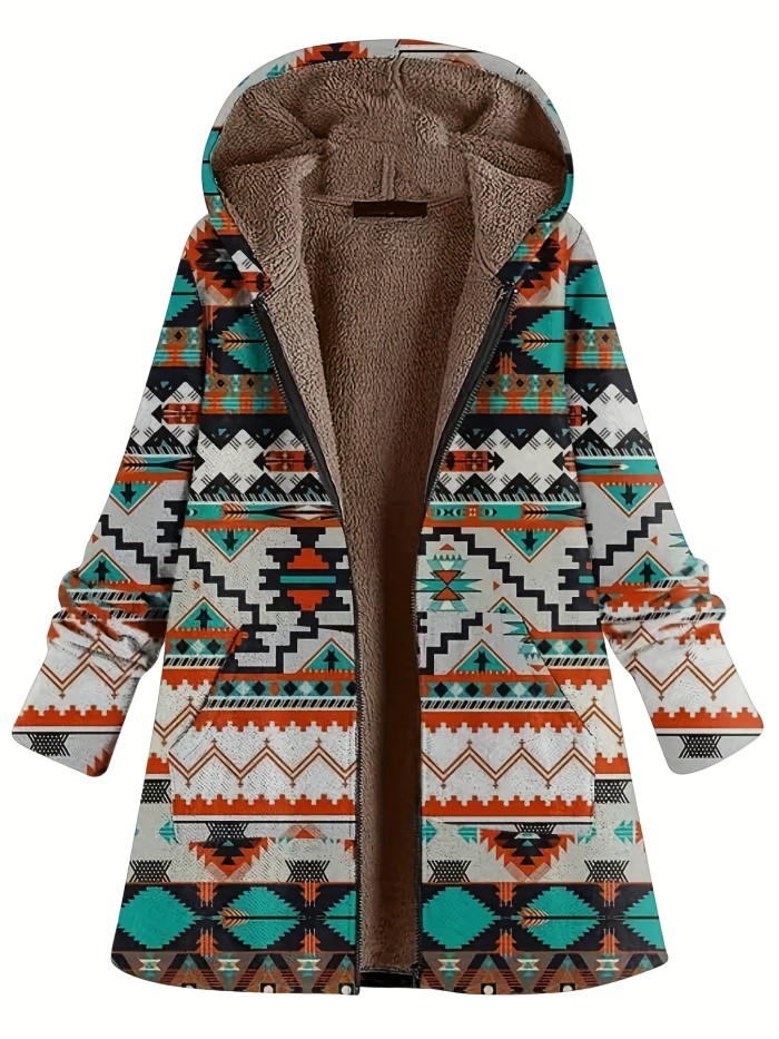 Plus Size Casual Coat, Women's Plus Aztec Print Liner Fleece Long Sleeve Hooded Zipper Tunic Coat With Pockets