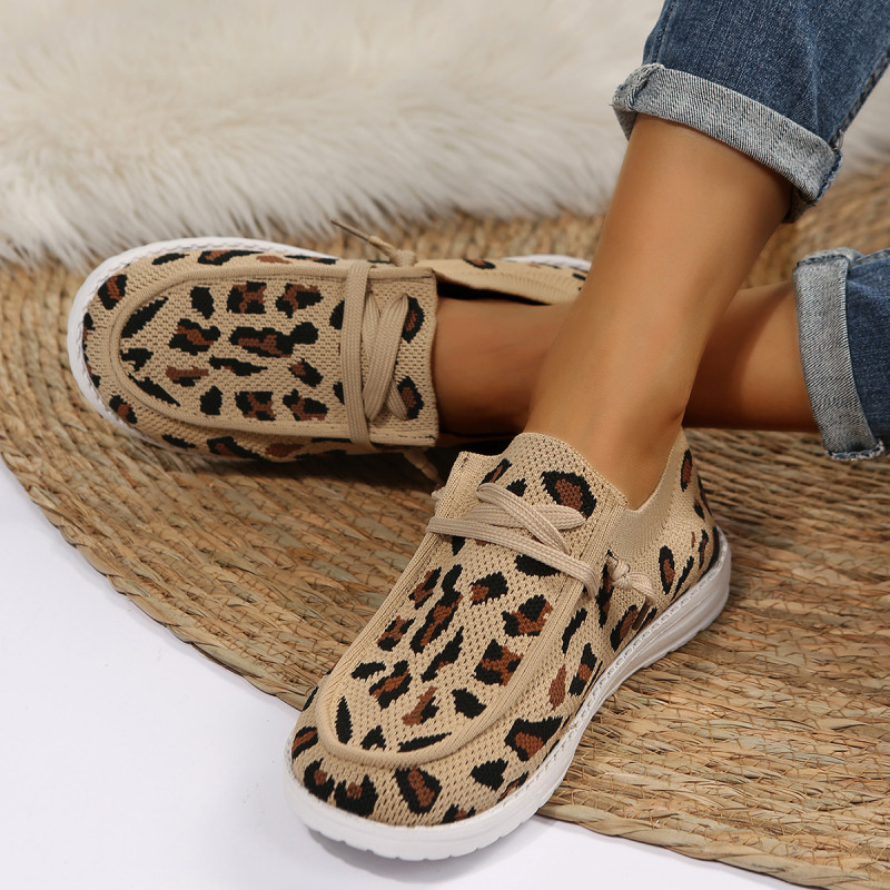 Women's Leopard Print Loafers, Comfy Knit Low Top Slip On Flat Shoes, Casual Walking Sneakers