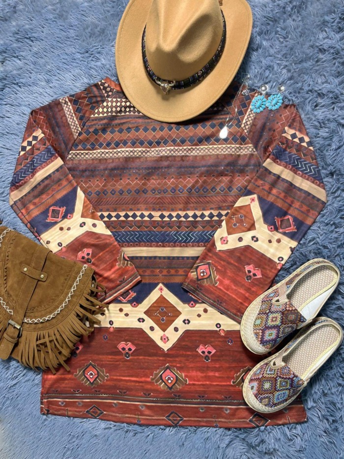 Aztec Print Crew Neck T-shirt, Vintage Raglan Sleeve Ethnic T-shirt, Women's Clothing