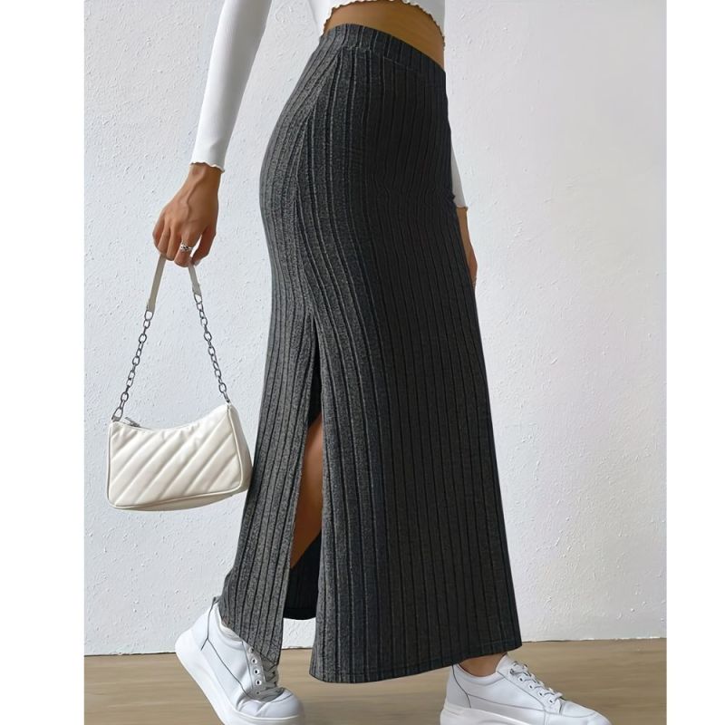 Ribbed Slit Hem Skirt, Casual Ankle Length Skirt For Spring & Summer, Women's Clothing