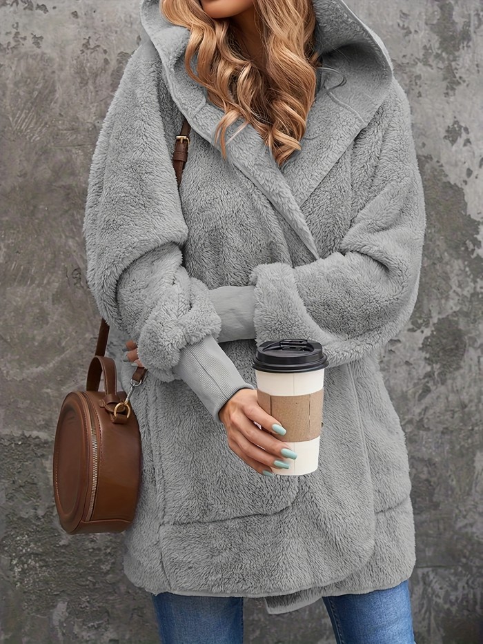 Plus Size Casual Faux Fur Coat, Women's Plus Solid Teddy Fleece Long Sleeve Open Front Hooded Tunic Coat