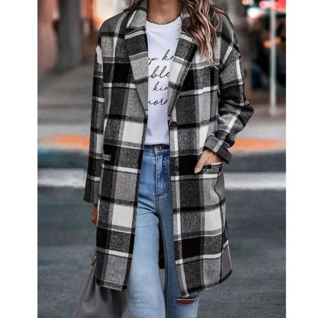 Plus Size Casual Coat, Women's Plus Plaid Print Long Sleeve Button Up Lapel Collar Longline Woolen Coat With Pockets