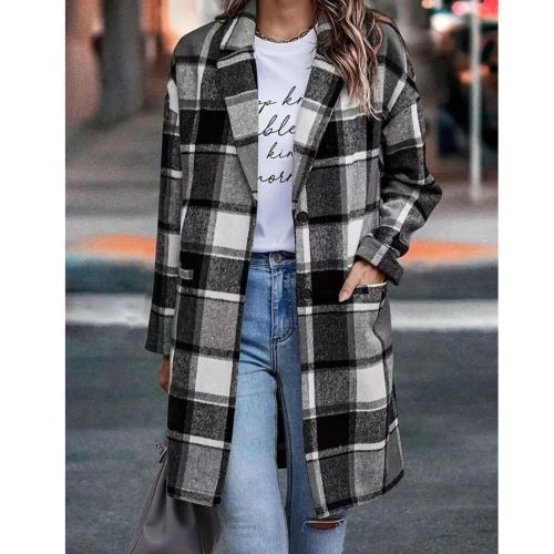Plus Size Casual Coat, Women's Plus Plaid Print Long Sleeve Button Up Lapel Collar Longline Woolen Coat With Pockets