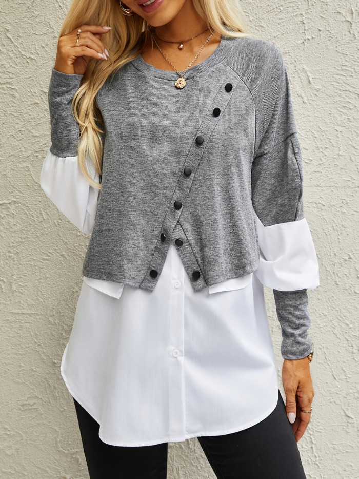 Colorblock Button Decor Asymmetrical T-Shirt, Casual Paneled Long Sleeve Top For Spring & Fall