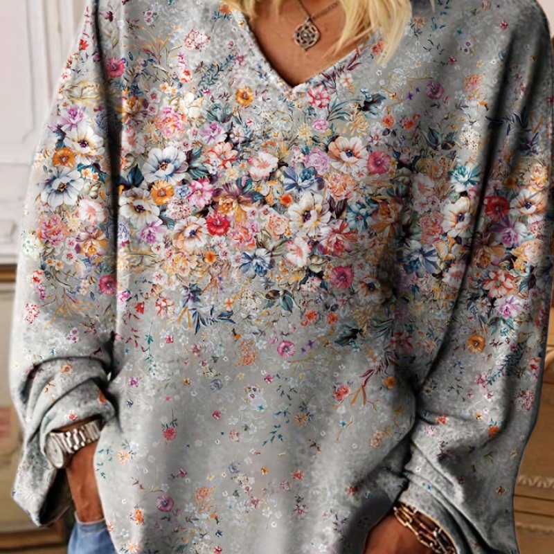 Plus Size Casual Top, Women's Plus Flora Print Long Sleeve V Neck Medium Stretch Tee