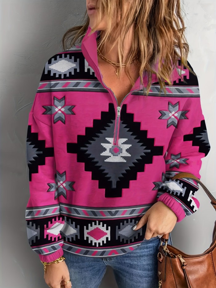 Aztec Print Half Zip Pullover Sweatshirt, Casual Long Sleeve Lapel Sweatshirt For Fall & Winter, Women's Clothing