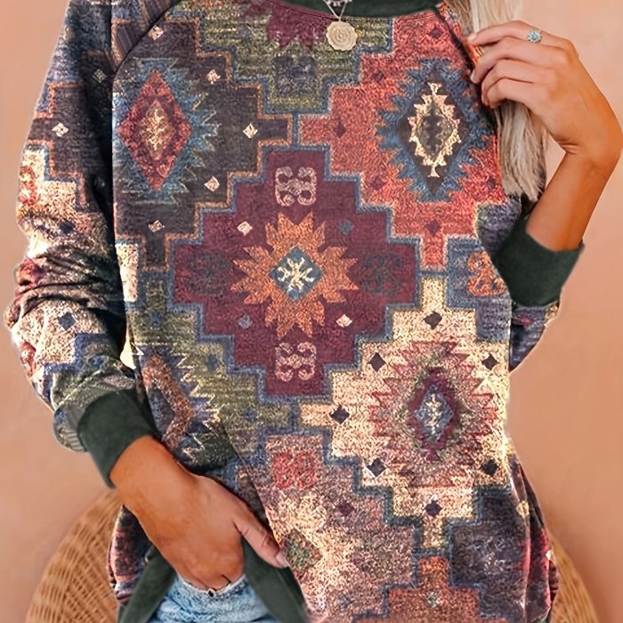 Aztec Print Pullover Sweatshirt, Casual Raglan Sleeve Crew Neck Sweatshirt For Fall & Winter, Women's Clothing