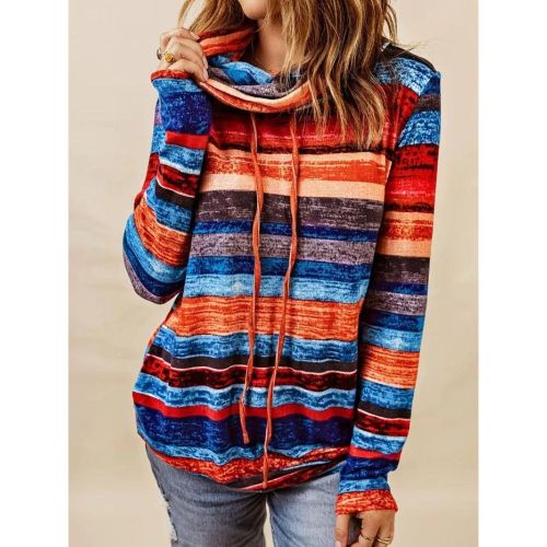 Colorful Striped Drawstring Hoodie, Casual Long Sleeve Fashion Hoodies Sweatshirt, Women's Clothing