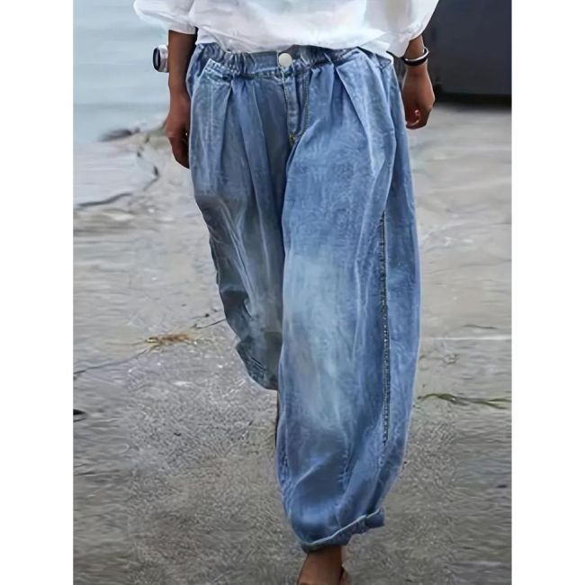 Blue Elastic Waist Denim Pants, Loose Fit Baggy Straight Legs Cropped Jeans, Women's Denim Jeans & Clothing
