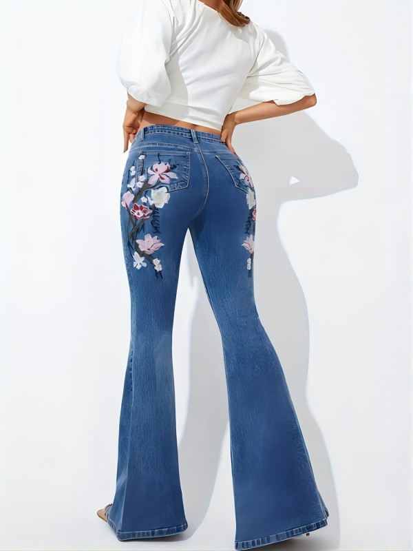 Floral Embroidery Stretchy Flare Leg Jeans, Medium Washed Blue Elegant Bell Bottoms Denim Pants, Women's Denim Jeans & Clothing