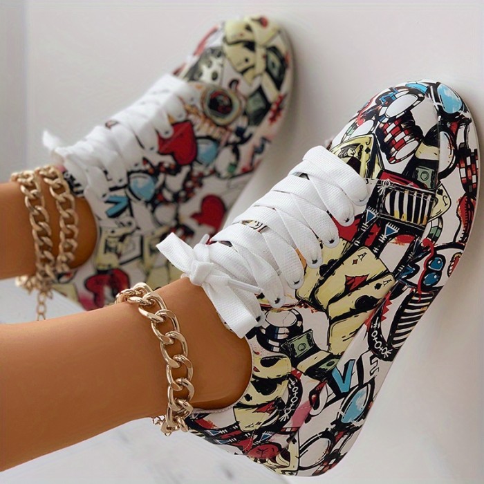 Women's Graffiti Print Sports Shoes, Fashion Lace Up Low Top Platform Sneakers, Casual Skate Shoes