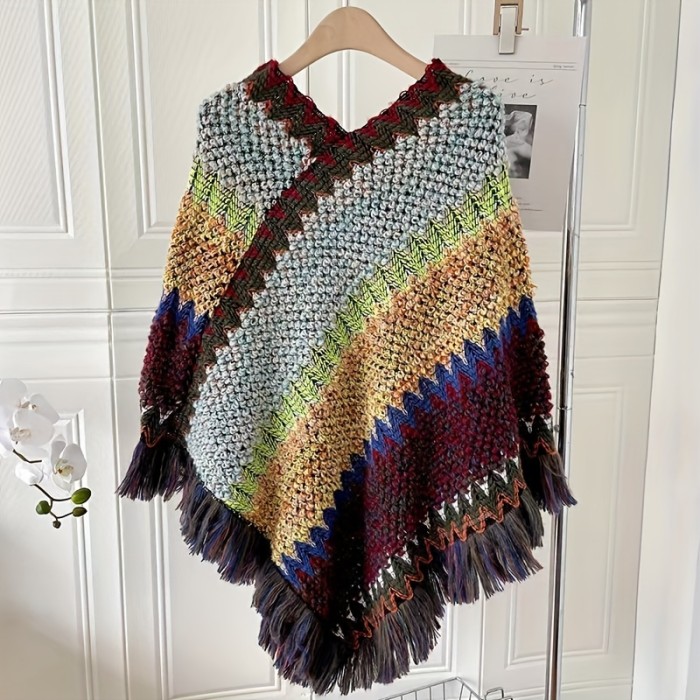 Long Colorful Pullover Shawl National Style Striped Fringed Shawl Wraps Sunscreen Warm Cape Women Casual Outdoor Shawl