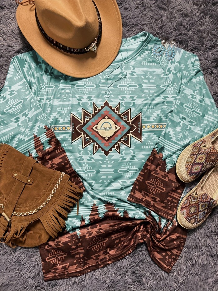 Aztec Print Raglan Sleeve Tunics, Vintage Crew Neck Loose Tunics, Women's Clothing