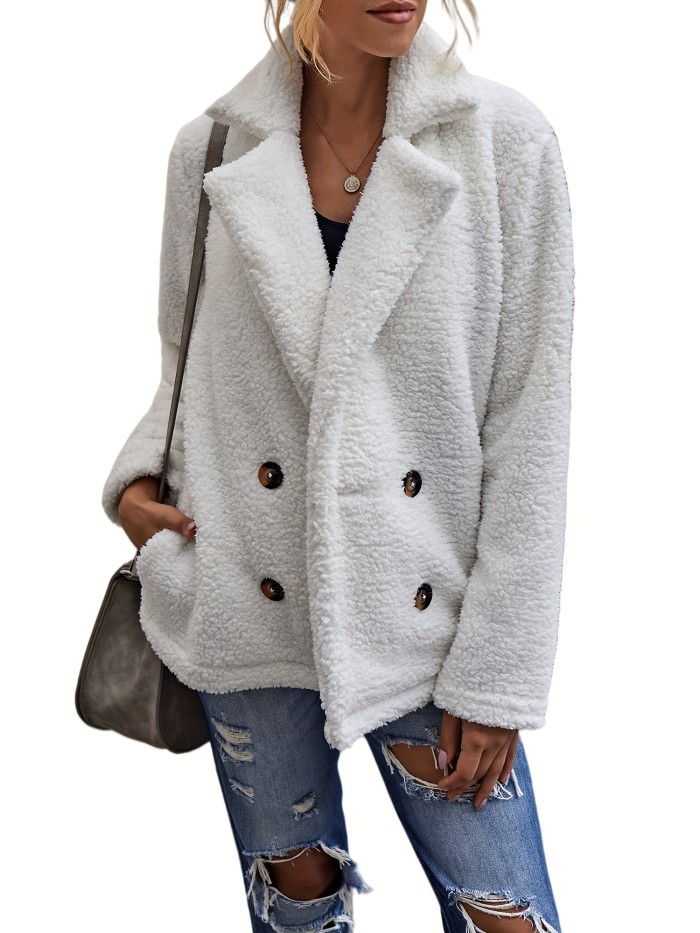 Plus Size Casual Coat, Women's Plus Solid Teddy Fleece Double Breast Button Long Sleeve Lapel Collar Coat With Pockets