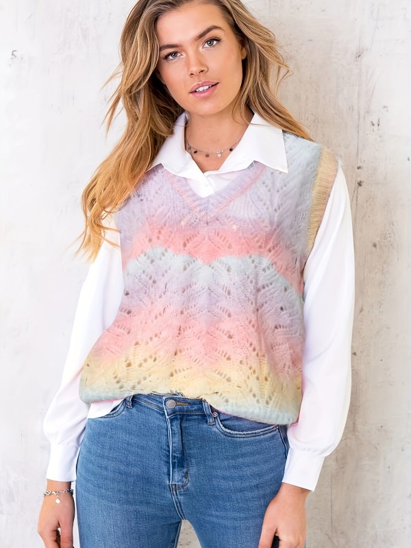 Tie Dye V Neck Hollow Vest, Casual Sleeveless Sweater Vest For Spring & Fall, Women's Clothing