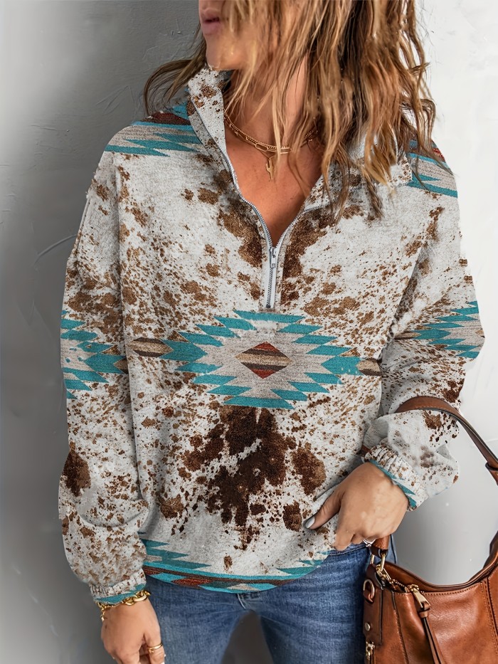 Aztec Print Pullover Sweatshirt, Casual Long Sleeve Half Zip Sweatshirt For Fall & Winter, Women's Clothing