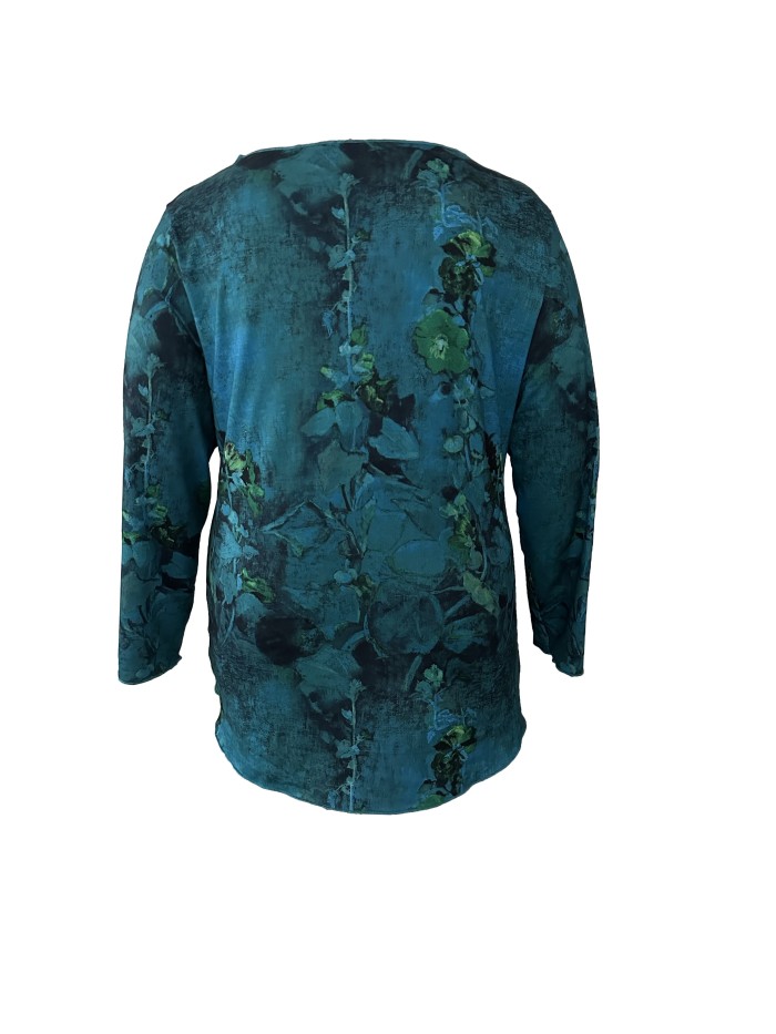 Plus Size Casual T-shirt, Women's Plus Floral & Leaf Print Long Sleeve Round Neck Tunic Top