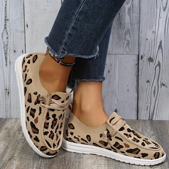Women's Leopard Print Loafers, Comfy Knit Low Top Slip On Flat Shoes, Casual Walking Sneakers