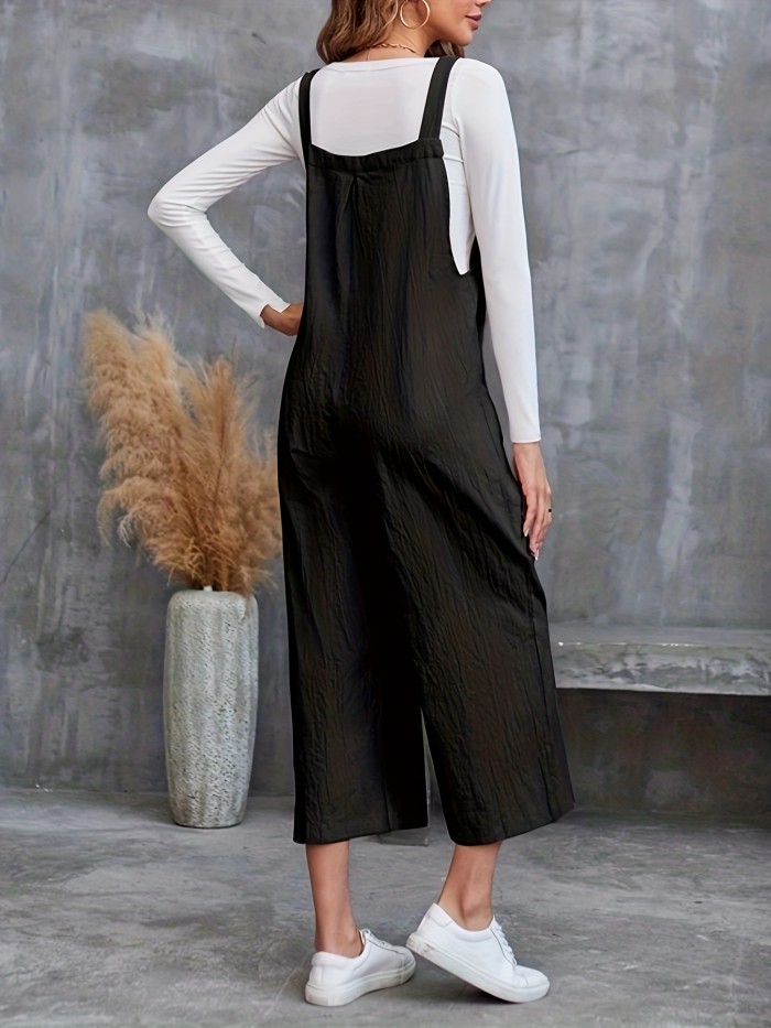 Wide Leg Overall Jumpsuit, Casual Overall Jumpsuit With Pockets For Spring & Summer, Women's Clothing