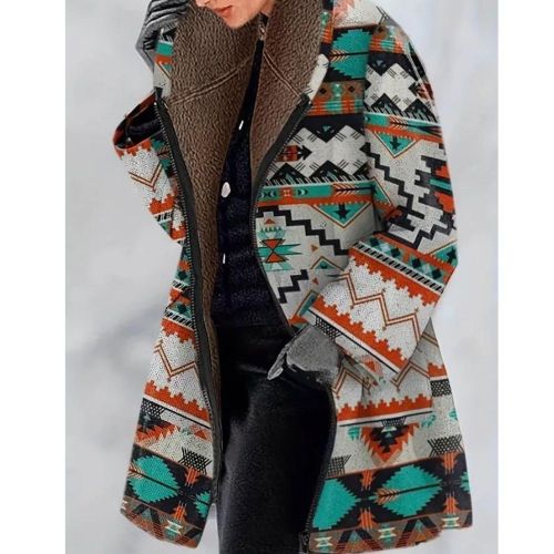 Plus Size Casual Coat, Women's Plus Aztec Print Liner Fleece Long Sleeve Hooded Zipper Tunic Coat With Pockets
