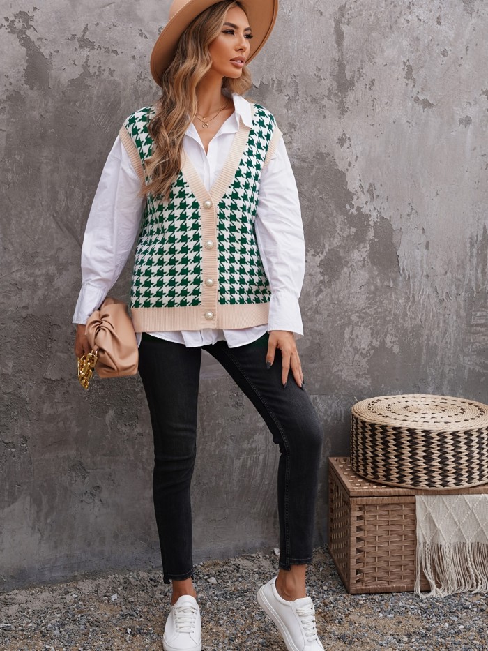Houndstooth Loose Sweater Vests, Casual V-Neck Sleeveless Fall Winter Knit Sweater Vest, Women's Clothing