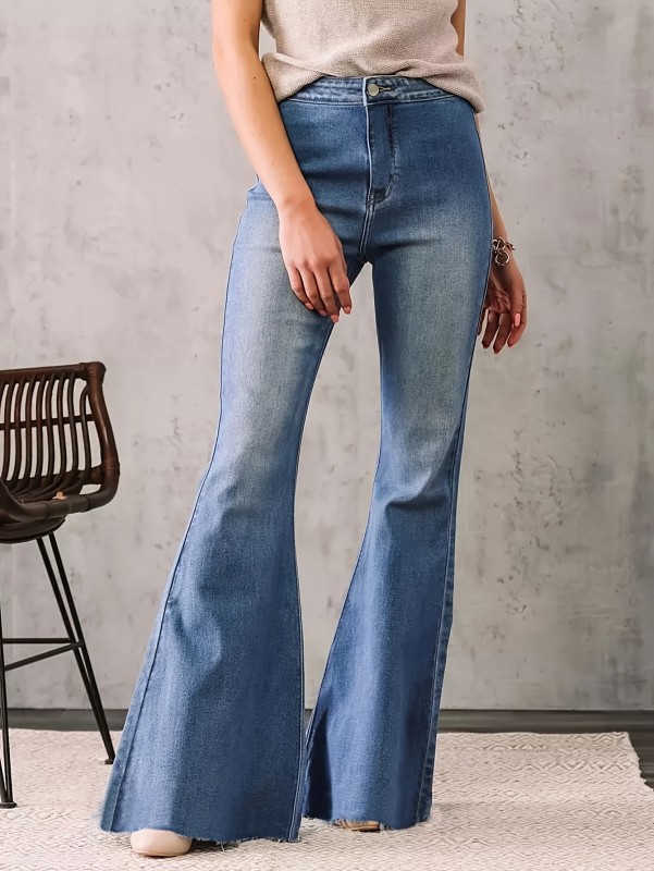 Women's High Waist Slim Fit Flare Leg Pants, Retro Solid Flared Jeans, Stretch Denim Pants