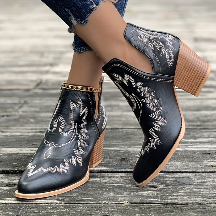 Women's Chunky Heeled Western Boots, Retro Embroidery V-cut Stacked Heeled Ankle Boots, Slip On Pointed Toe Short Boots