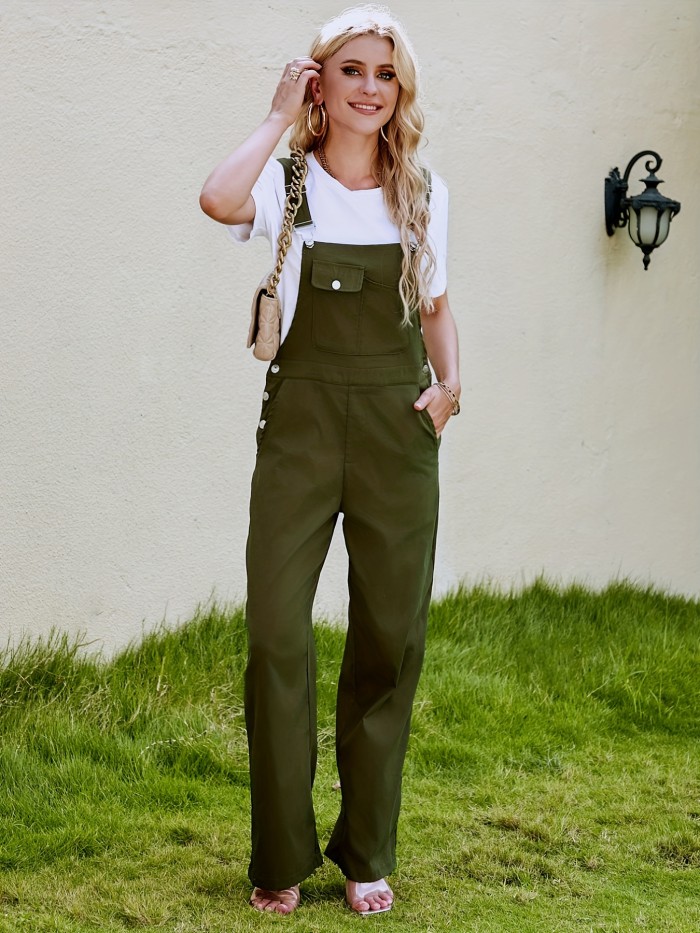 Solid Flap Pocket Overall Jumpsuit, Casual Button Overall Jumpsuit For Spring & Fall, Women's Clothing