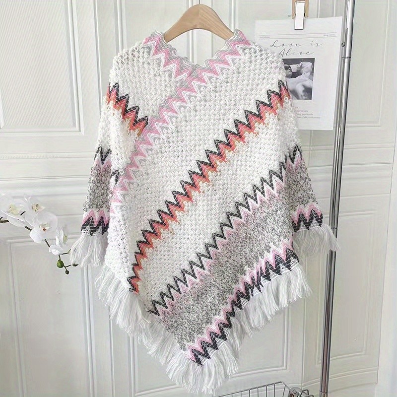 Long Colorful Pullover Shawl National Style Striped Fringed Shawl Wraps Sunscreen Warm Cape Women Casual Outdoor Shawl