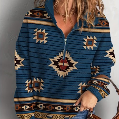 Aztec Print Half Zip Sweatshirt, Casual Long Sleeve Lapel Sweatshirt For Fall & Winter, Women's Clothing